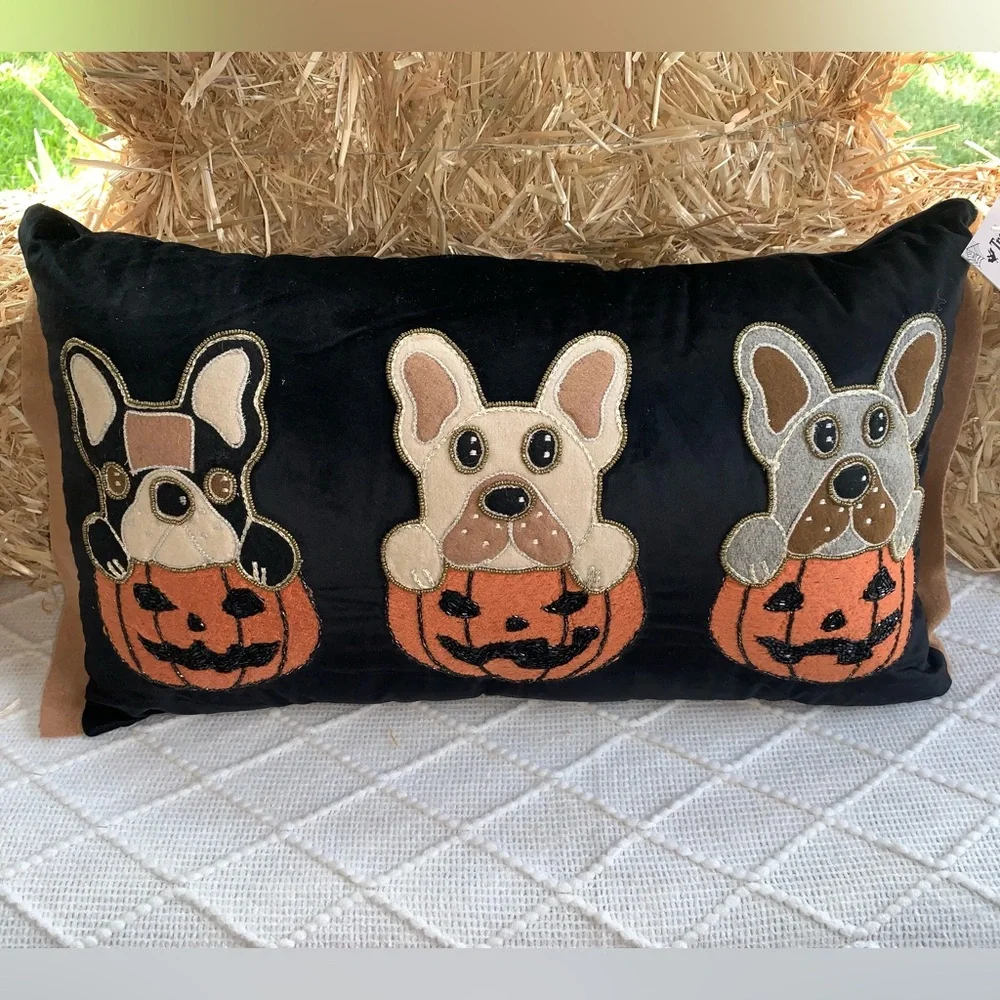 Halloween Decor Pillow Puppy Frenchies in Pumpkins- NWT